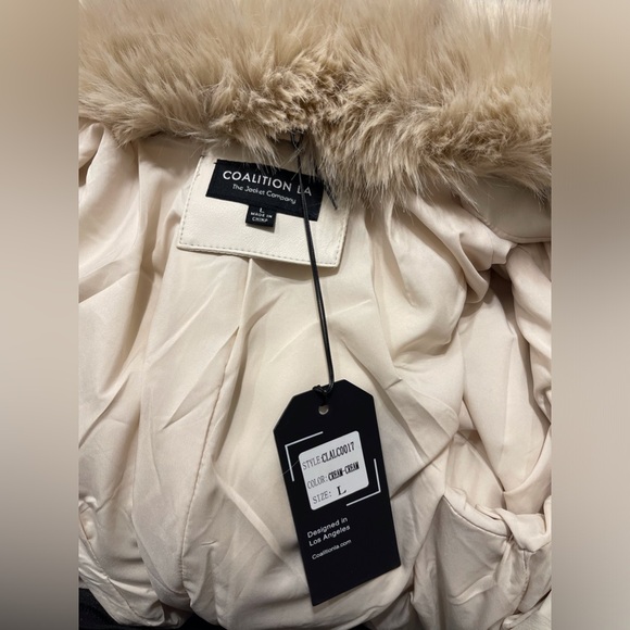 New Size Large Faux Leather Long Coat with Faux Fur Removable Trim, light beige - Picture 11 of 16
